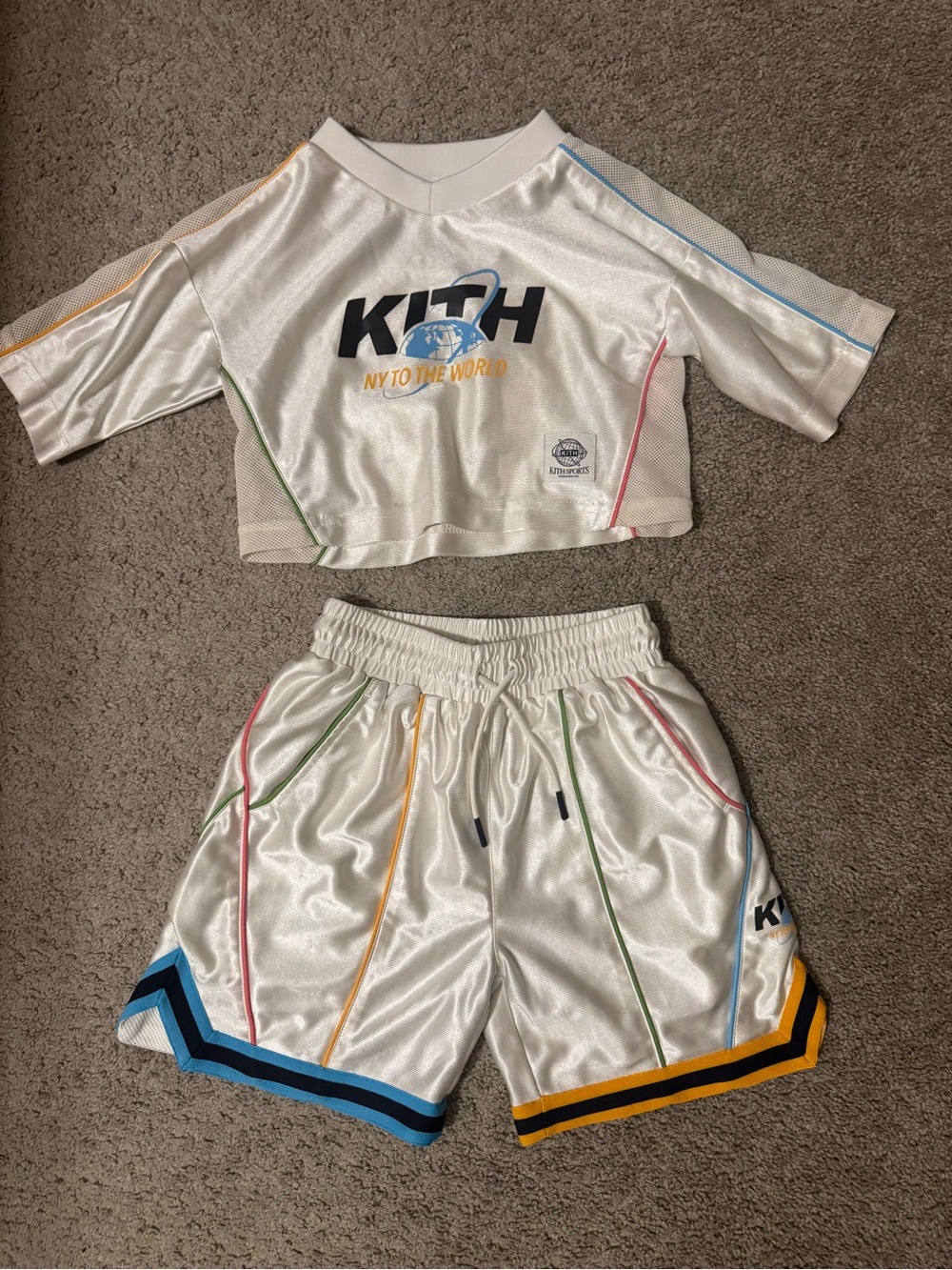 Kith White Kids Mesh Crop Top & Shorts Set with Blue, Yellow, Green, Pink Trim